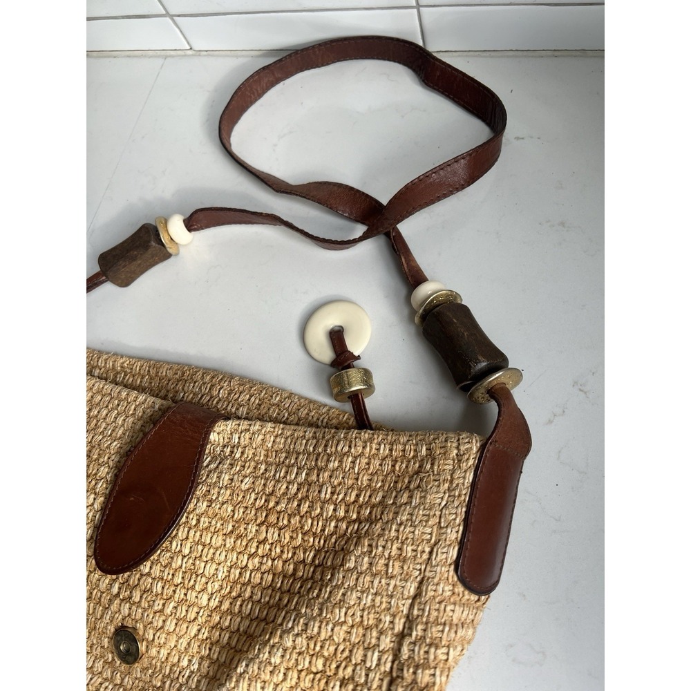Vtg Dillards Jute Leather Trim Shoulder Handbag Women Tan Brown Lined Bag - Picture 3 of 9